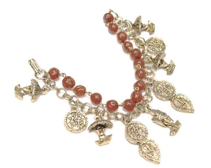 Carnelian Gold Charm Bracelet - Asian style - double chain - cha cha bangle