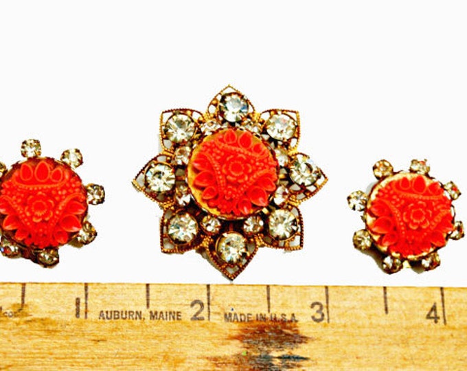 Celluloid Flower brooch and matching earrings set - Coral molded CelluloidPlastic - Rhinestone - Gold Filigree -