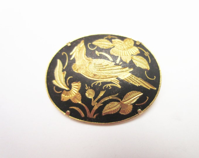 Damascene Bird Brooch - Gold and Black enamel Birds foral pin