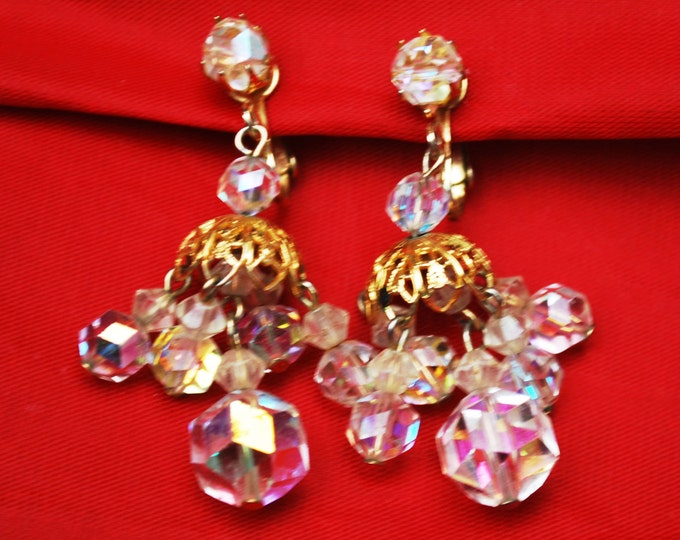 Crystal Earrings - AB Crystal Chandelier - clip on Dangle earrings - Wedding Bride