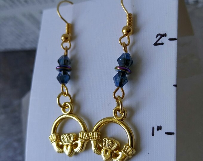 Claddagh Earrings Irish Earrings Celtic Earring Gold Claddagh Love Loyalty Friendship Gold and Crystal Earrings Dangle earrings French Hook