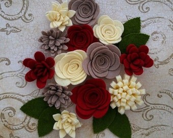 Handmade Wool Felt Flowers, Crimson, Straw and Taupe