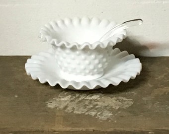 Fenton Milk Glass, Hobnail Milk Glass, Condiment Set, Fenton Ruffle Top, Mayonnaise Dish, Candy Dish,Dish and Glass Spoon,Ruffled Milk Glass