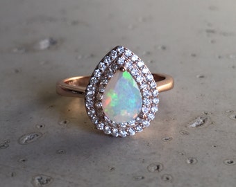 Halo Opal Engagement Ring- Rose Gold Opal Ring- Opal Statement Ring- Pear Shape Opal Ring- October Birthstone Ring- Opal Promise Ring