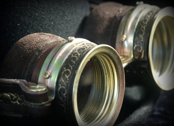 Steampunk goggles in dark brown leather and brass with golden embossed decoration. by TheTimeCabinet steampunk buy now online