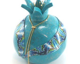 Home decor pomegranate, prosperity symbol, Polymer clay turquoise Pomegranate, one pomegranate with blue decoration, Rosh hashanah gift