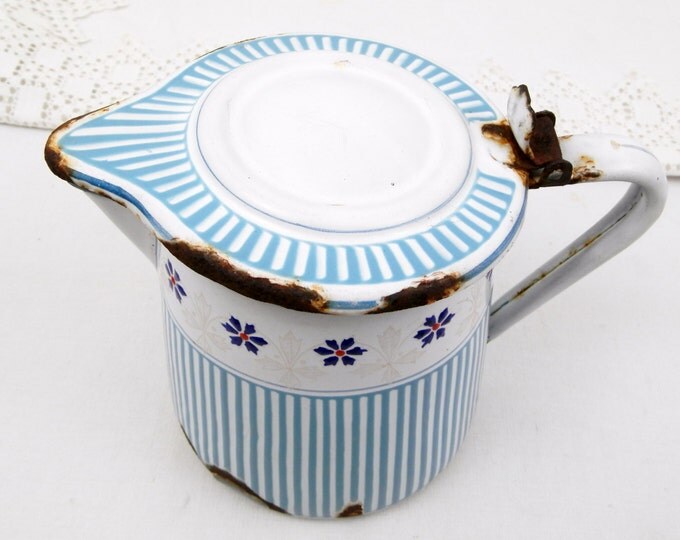 Antique French Blue Chippy Patterned Enamelware Pitcher, Enamel Jug Vase, Cottage Kitchen, Farmhouse French Country, Retro, Shabby Chic Antique French Blue Chippy Patterned Enamelware Pitcher, Enamel Jug Vase, Cottage Kitchen, Farmhouse French Country, Retro, Shabby Chic