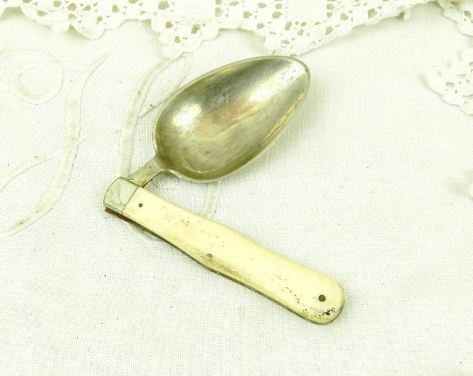 Antique French Folding Metal Traveling Spoon With Bone Handle, Vintage Camping Hunting, Steampunk Scouts Glamping Camp Cutlery Equipment,