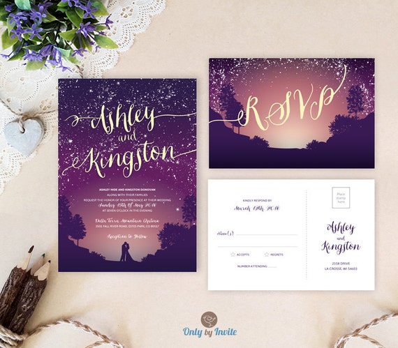 Purple wedding invitations with rsvp