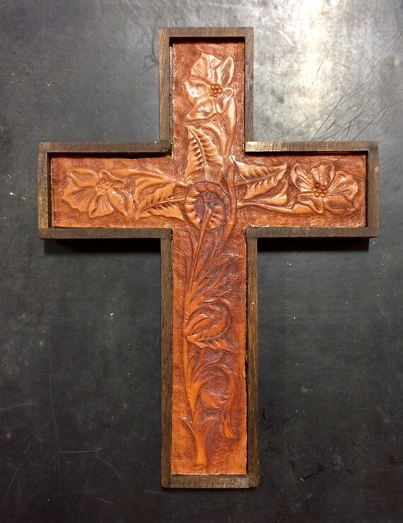 Dkm Leathers Wooden Cross With Tooled Leather