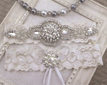 Wedding Garter , Pearl Crystal Garter Set , Lace Bridal Garter , Wedding Garter Set , Garter ,Lace Garter