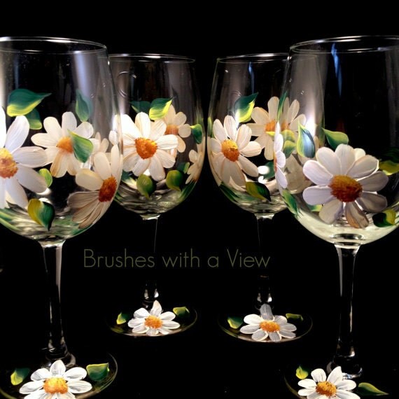 Hand painted Daisy Wine Glasses White Daisy by Brusheswithaview