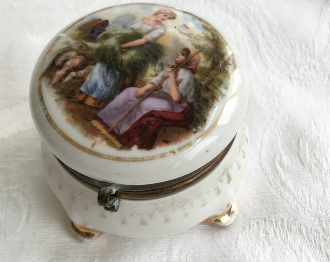 French Country Trinket Box Pastural Scene Ladies Tending Sheep Limoges Style Pill Box