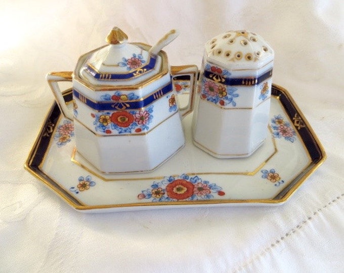 Antique Nippon Condiment Set 4 Piece Handpainted Cobalt Blue Nippon Porcelain