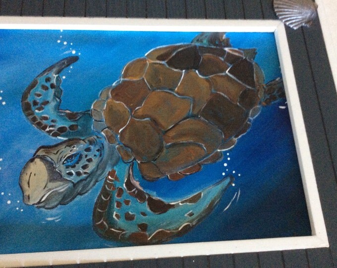 Sea Turtle Painting in a Solid Wood Frame