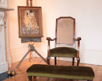 Vintage Rattan Occasional Green Velvet Chair with Long Footstool to match.