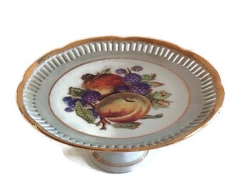 Vintage China Compote Pedestal Dessert Dish Royal Halsey Lustreware Gold Trim Fruit Motif Candy Dish Home Decor
