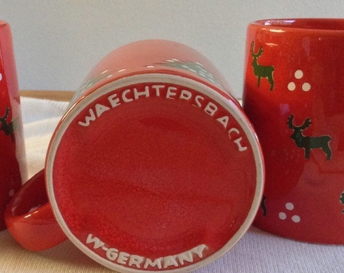 Set of 3 Waechtersbach Coffee Mugs, Christmas Tree Design W Germany, Reindeer Christmas Mugs