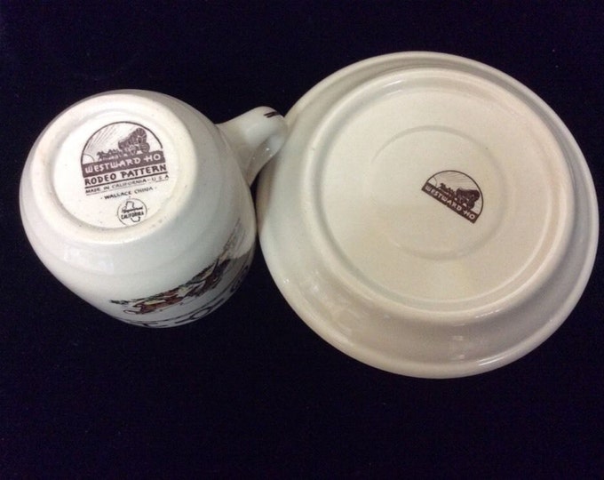 Original Wallace China Vintage Westward Ho Rodeo Over-sized Coffee Cup and Saucer Set, American Restaurant Ware