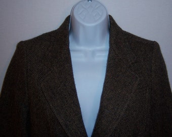 Vintage DKNY Donna Karan Wool Brown Herringbone Tweed Jacket Blazer Suit Coat 8 Hacking Equestrian Riding
