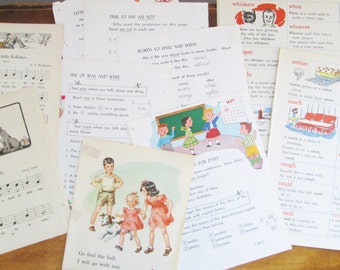 Vintage Children's Book Paper 20 Illustrated Pages Colorful Vintage Images Mixed Lot Dictionary Music Readers Storybooks Paper Crafts