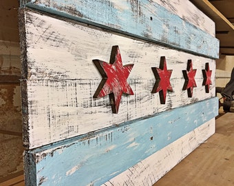 3D Vintage Rustic Wooden Chicago Flag 36'' x 21''