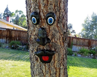 Tree face, Concrete tree face, hand painted tree face, fence art, yard art, Black tree face, concrete face