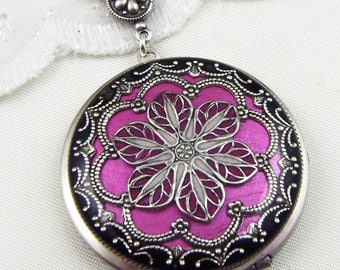 Filigree Locket, Rose Silver Filigree Flower Locket Vintage Locket Photo Locket,Valentine Gift For Her
