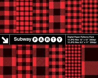 Red Black Buffalo Check Plaid, Lumberjack Flannel Shirt Red Black Gingham. Scrapbook Digital Papers 8.5x11 / 12x12 jpg INSTANT DOWNLOAD