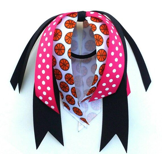 Items similar to Pink and black basketball bow, hair streamers, team bows, chevron ponytail