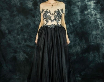 Long black evening gown, beaded lace and tulle red carpet dress, lace and tulle prom dress, black tulle party dress, black bridesmaid dress