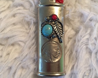 Turquoise, Coral and Buffalo Nickel Cigarette Lighter Case