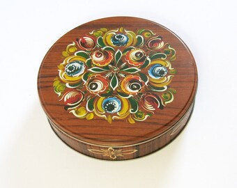 Vintage Cookie Tin - German Folk Art - Faux Bois Decor - Round Biscuit Box - Kitchen Storage Tin - German Kitchen Decor - Cottage Decor