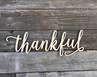 SALE! thankful wood laser cut sign 14" inch, Wooden Sign calligraphy entry way mud room thanksgiving home wall decor give thanks inspiration