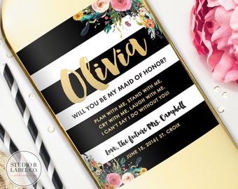 Will you Be My Bridesmaid Wine Labels - Custom Modern Floral Label - Personalized Wedding Gift - Floral Wedding Labels Asking Bridesmaid