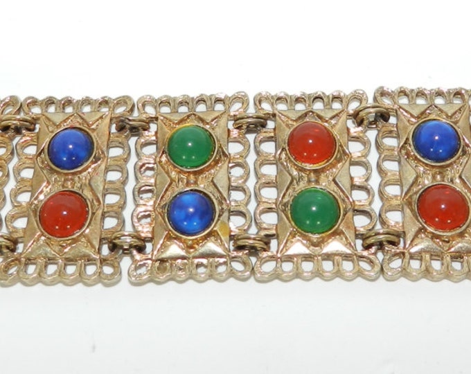 ETRUSCAN Style Bracelet, Glass Cabochon Ornate Book Chain Link, Victorian Vintage 8 Panel Bracelet, Collectible Vintage Jewelry