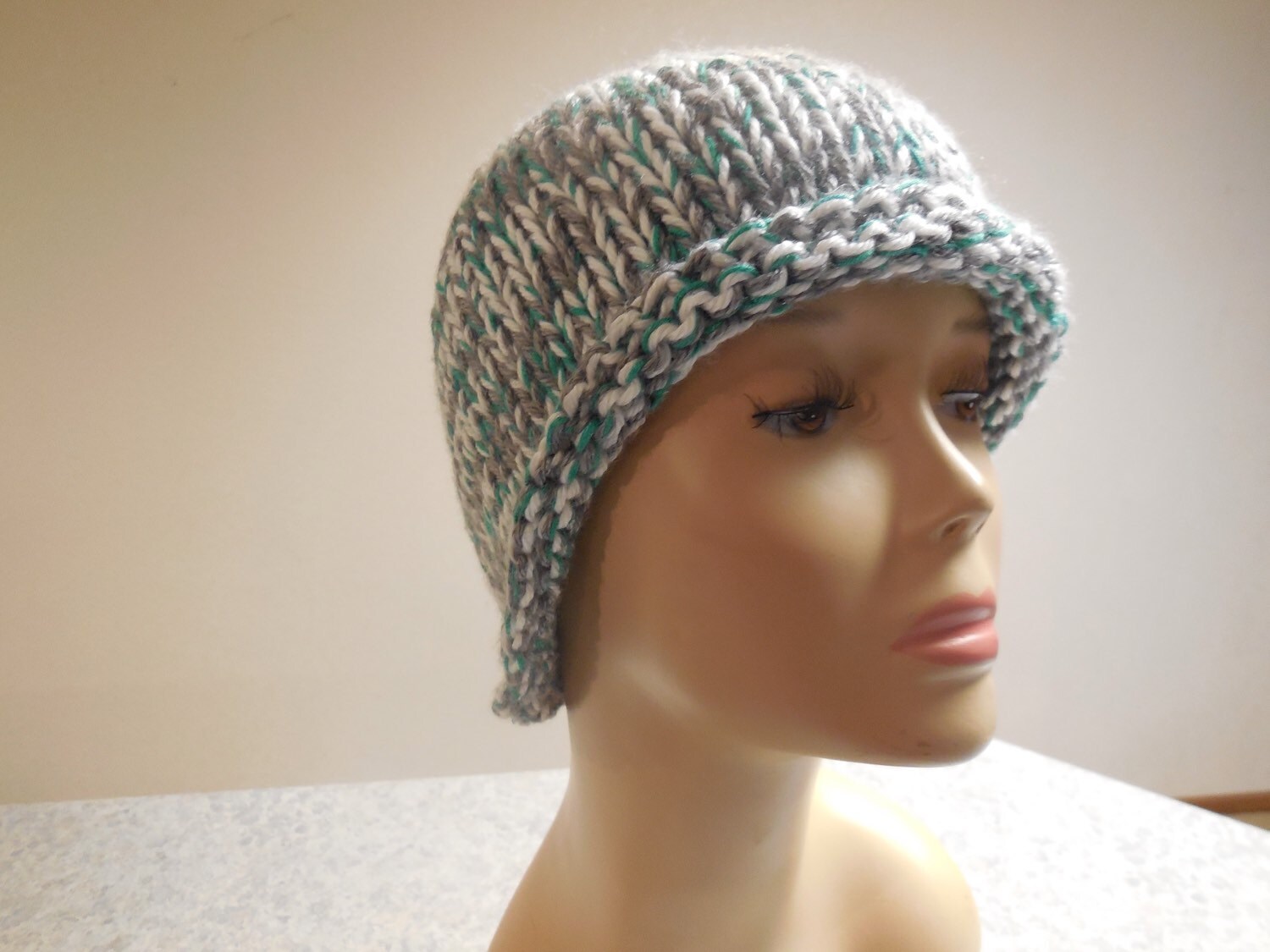 Knit beanie in White Gray and Green