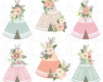 Floral Tribal clip art: "FLORAL TEEPEE" clipart, floral, teepee, wedding floral, wreath, floral teepee. 12 images Png files 300 dpi. Wd165