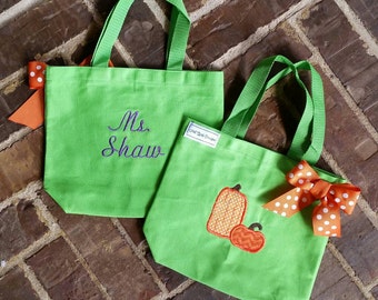 Fall Tote Bag with Pumpkin Applique and Embroidered Name (Great teacher gift)