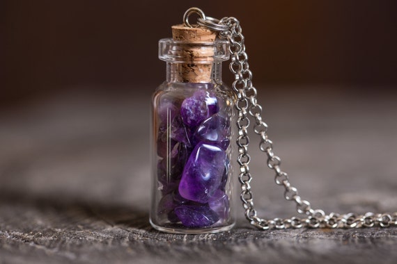 Purple Amethyst Necklace - Glass Vial or Bulb Jewelry - Purple Crystal Jewellery - Amethyst Crystal Necklace
