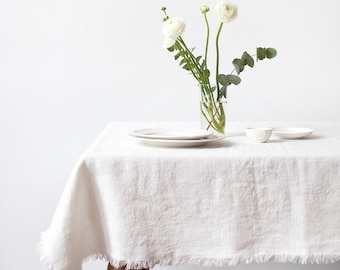 White Stone Washed Linen Tablecloth With Fringes