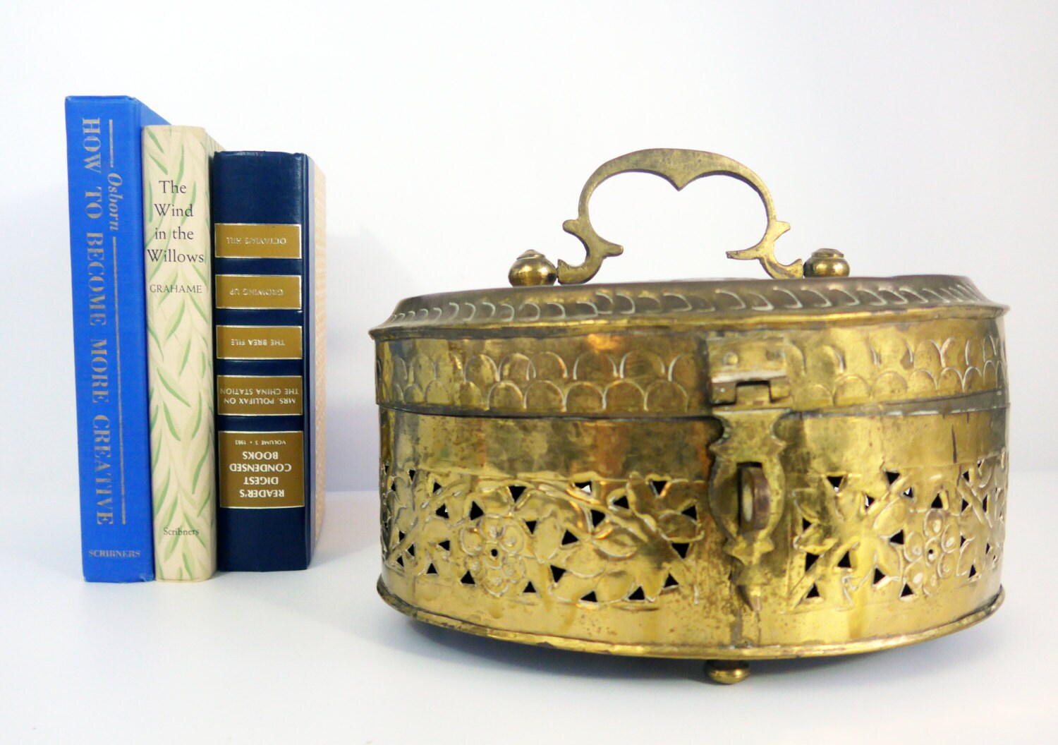 Large Vintage Oval Lidded Brass Cricket Box w/ 4 Pedestal Legs Pierced