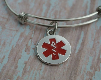 Medical Alert Bracelet. Stainless Steet Adjustable Bangle, Medical Alert Charm.
