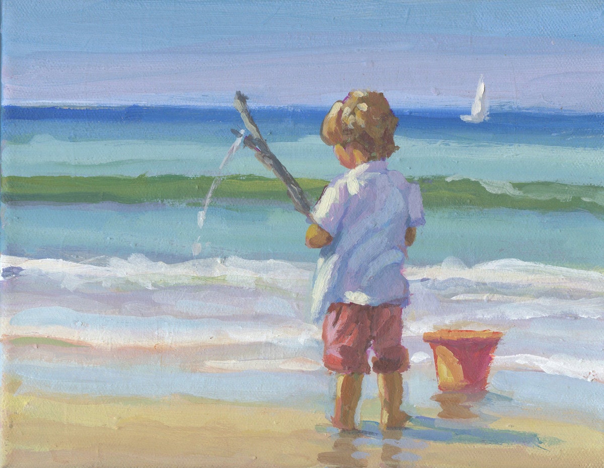 LITTLE Fisherman Original Painting 8x10 Blonde Boy Fishing 