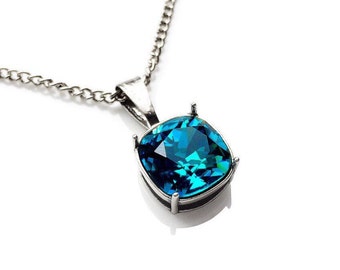 Teal Swarovski Crystal Pendant Necklace, Teal Bridesmaid Necklace