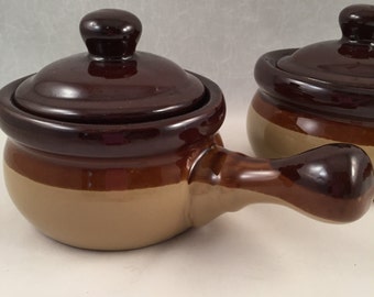 Set of 2, Two Tone Brown French Onion Soup Bowls/Mugs with Lids