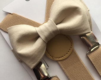 Champagne/gold bow tie and cream/beige suspenders set. Kids/Adults