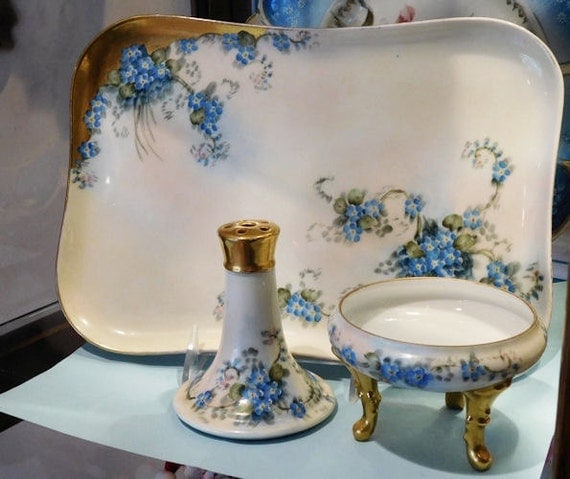 Antique Hand Painted Porcelain Vanity Dresser Set 1900s Victorian Limoges Royal Bayreuth Blue Forget Me Nots Flowers Floral Artist Signed