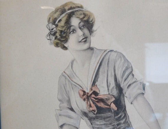 Archie Gunn Art Nouveau Antique Woman Girl with Tennis Racket S Bergman 1913 NY Lithograph Print Illustration Girl With Tennis Racket