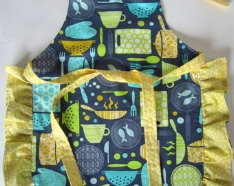 Blue and Yellow Kitchen Reversible Toddler Girl Apron